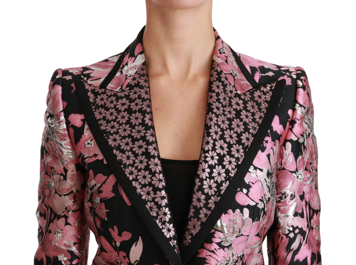 Black Pink Jacquard Slim Fit Blazer