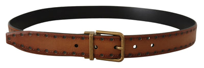 Brown Leather Dress Brass Metal Logo Buckle Belt