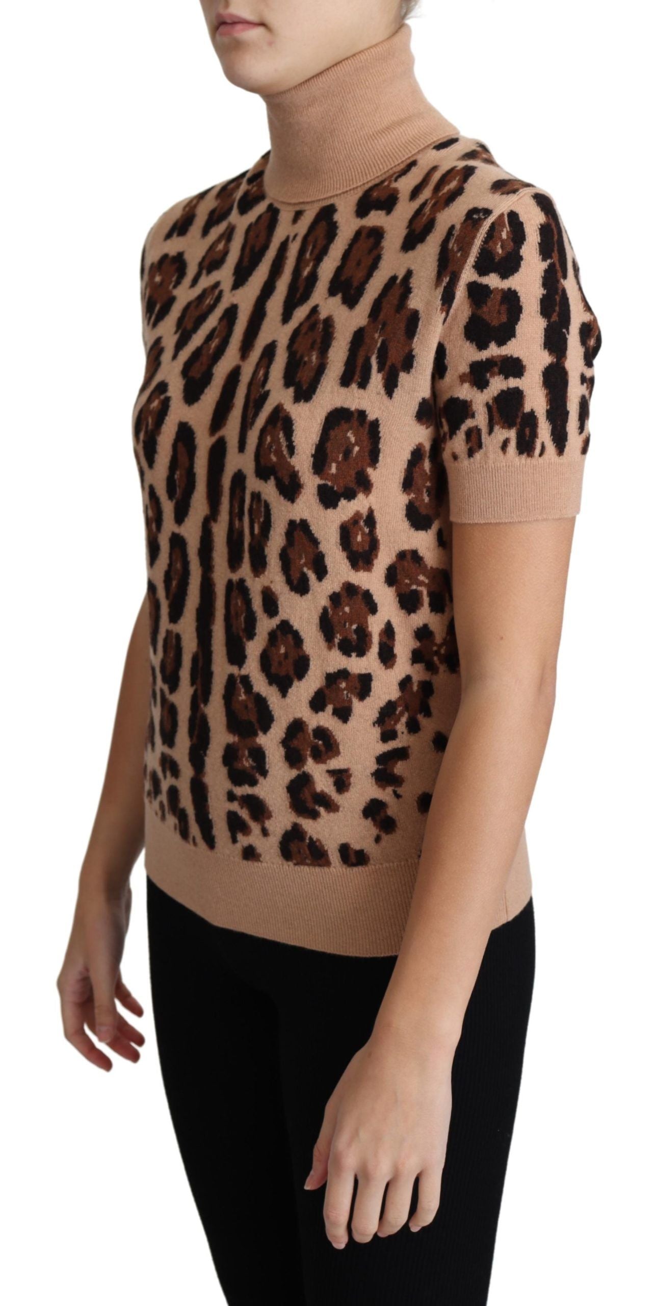 Beige Leopard Cashmere Print Turtleneck Top