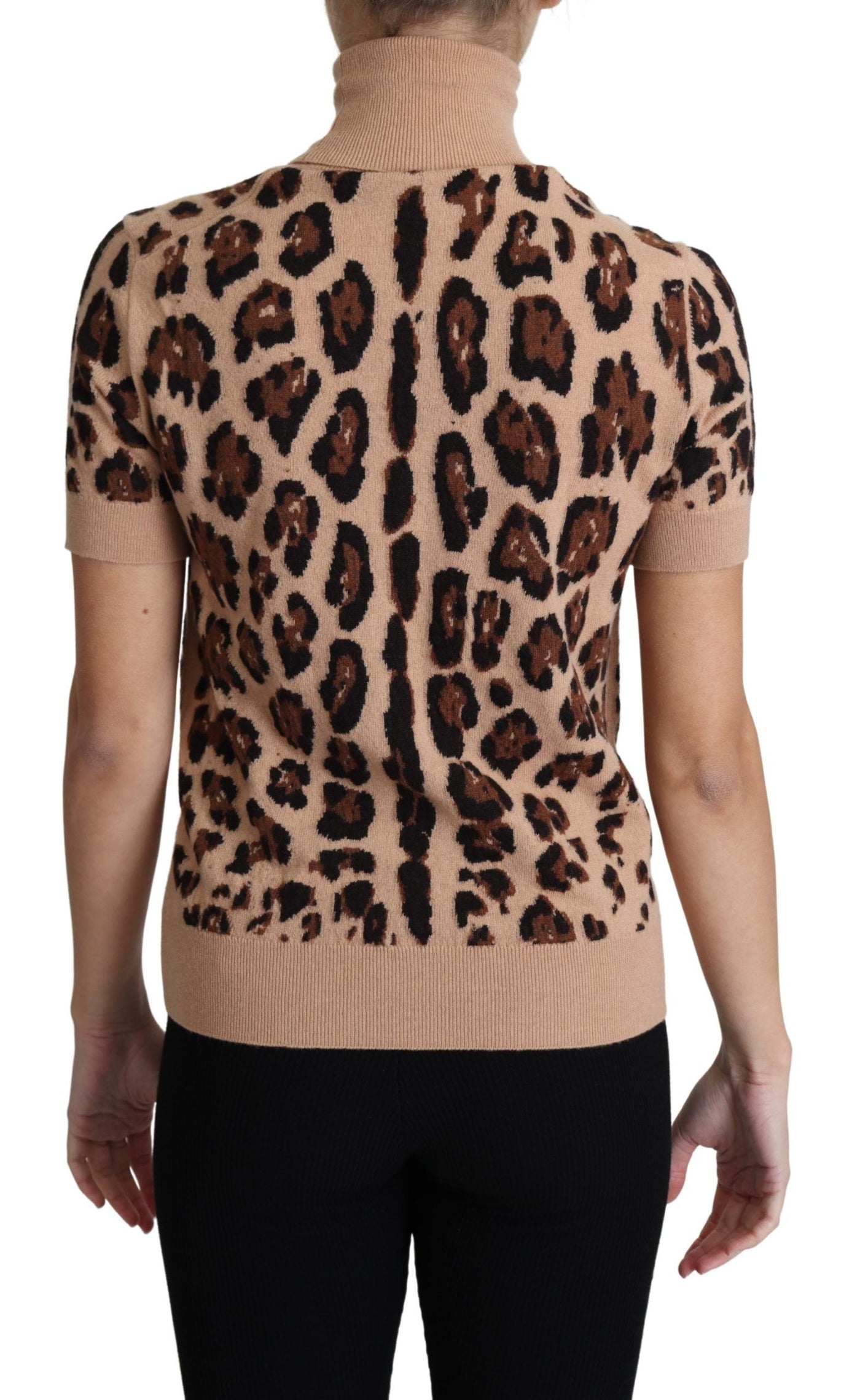 Beige Leopard Cashmere Print Turtleneck Top