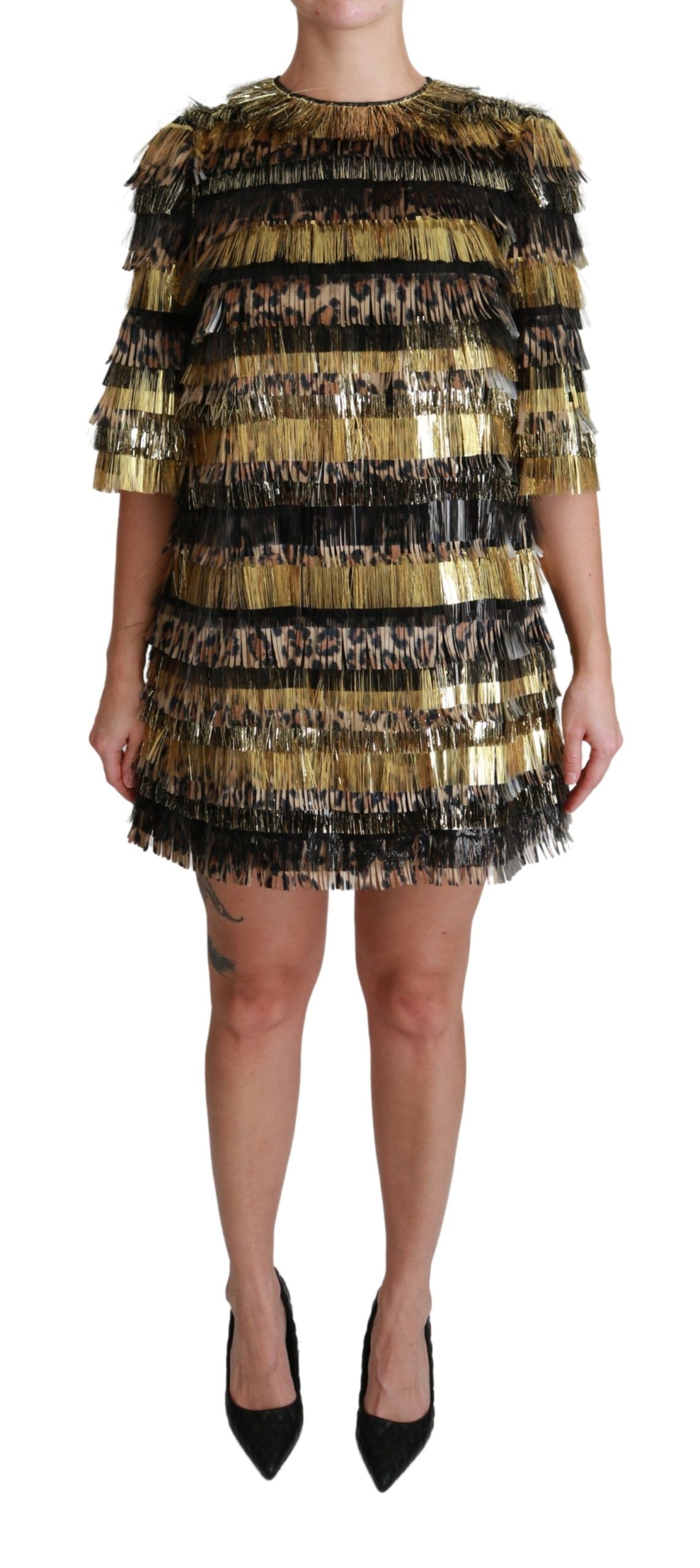 Polyester Black Gold Leopard Shift Mini Dress