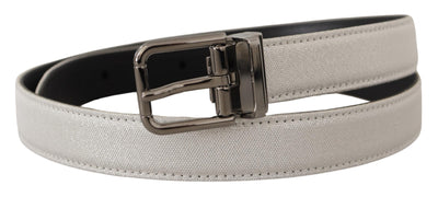 White Leather Black Chrome Logo Buckle Belt