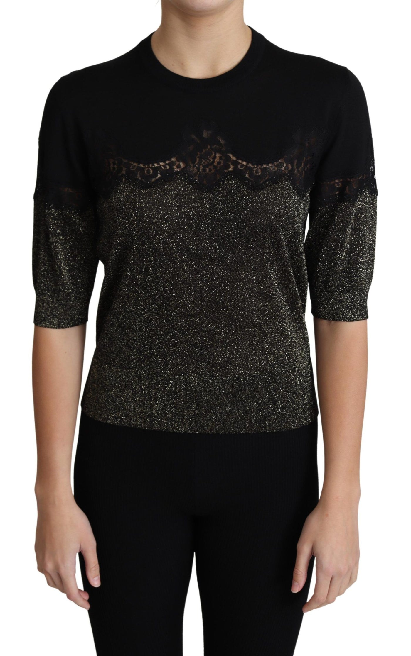 Black Shiny Lurex Lace Insert Pullover Top