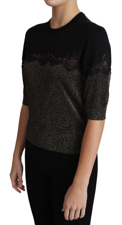 Black Shiny Lurex Lace Insert Pullover Top