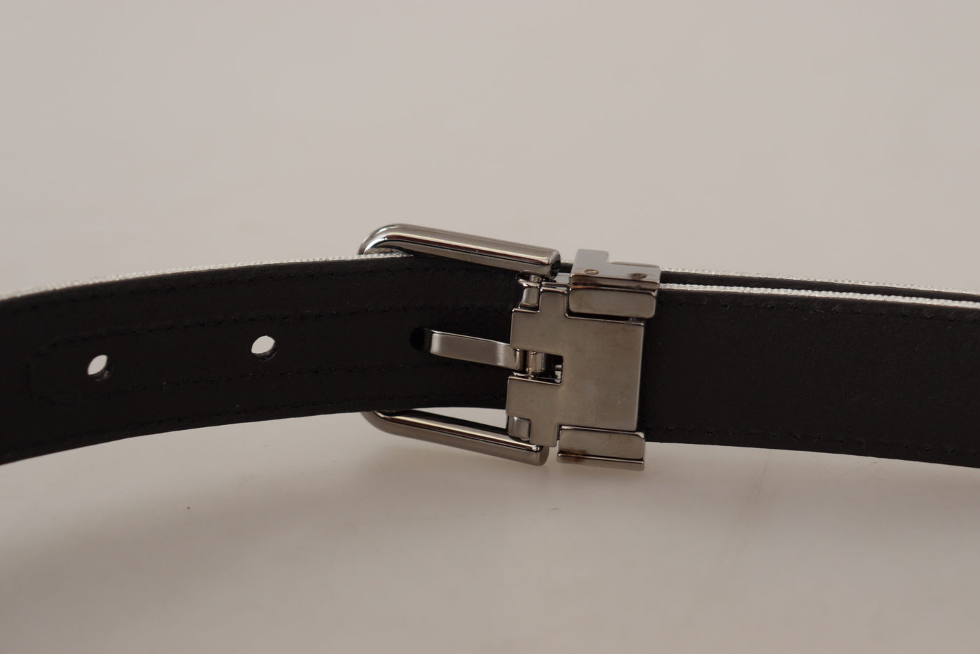 White Leather Black Chrome Logo Buckle Belt