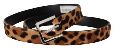 Brown Calf Fur Leopard Print Skinny Logo Buckle Belt