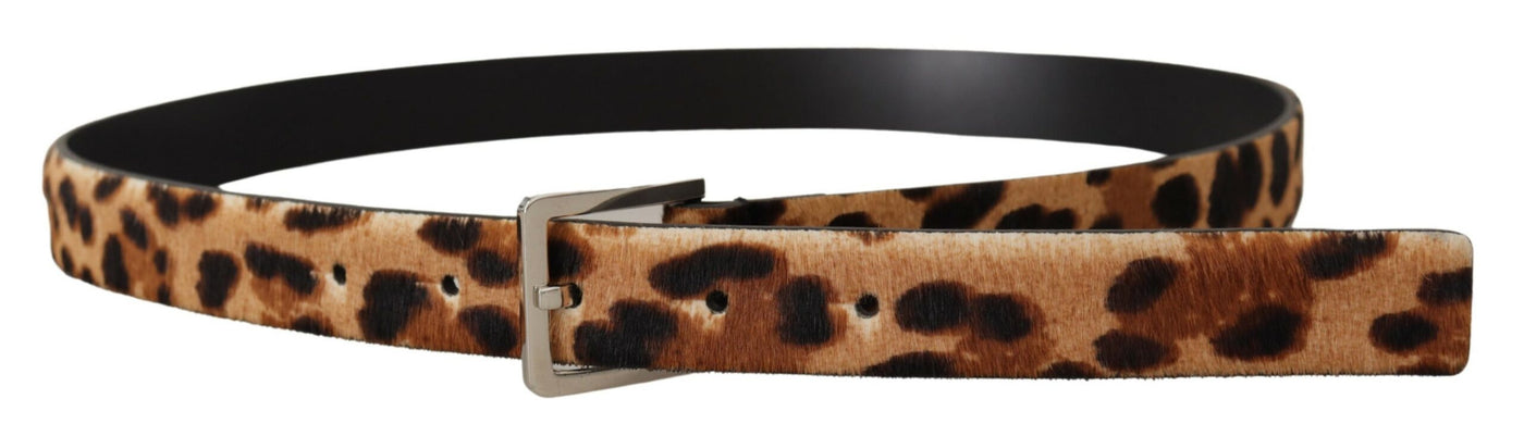 Brown Calf Fur Leopard Print Skinny Logo Buckle Belt