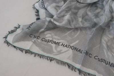 Gray Print Shawl Foulard Fringes Scarf