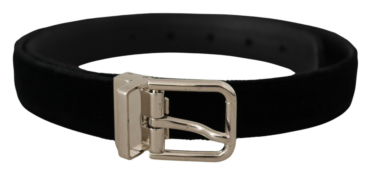 Black Velvet Silver Tone Metal Logo Buckle Belt