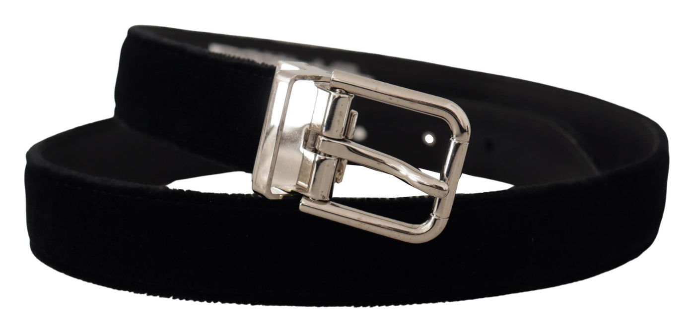 Black Velvet Silver Tone Metal Logo Buckle Belt