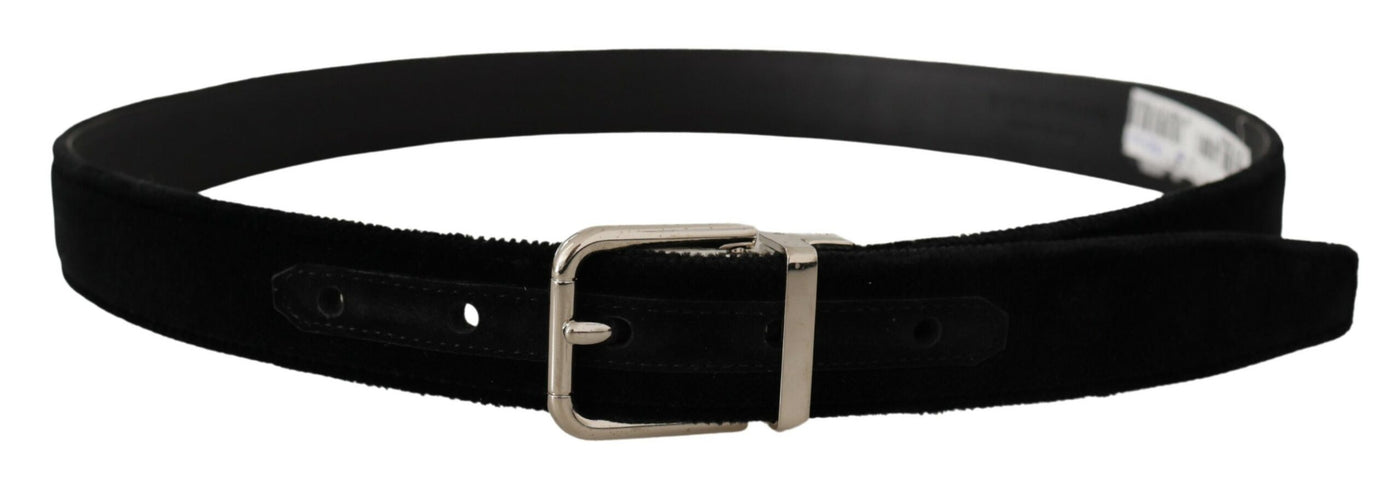 Black Velvet Silver Tone Metal Logo Buckle Belt