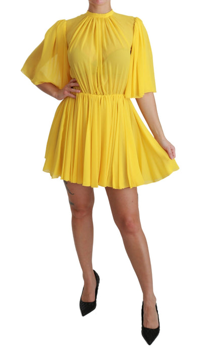 Yellow Pleated A-line Mini 100% Silk Dress