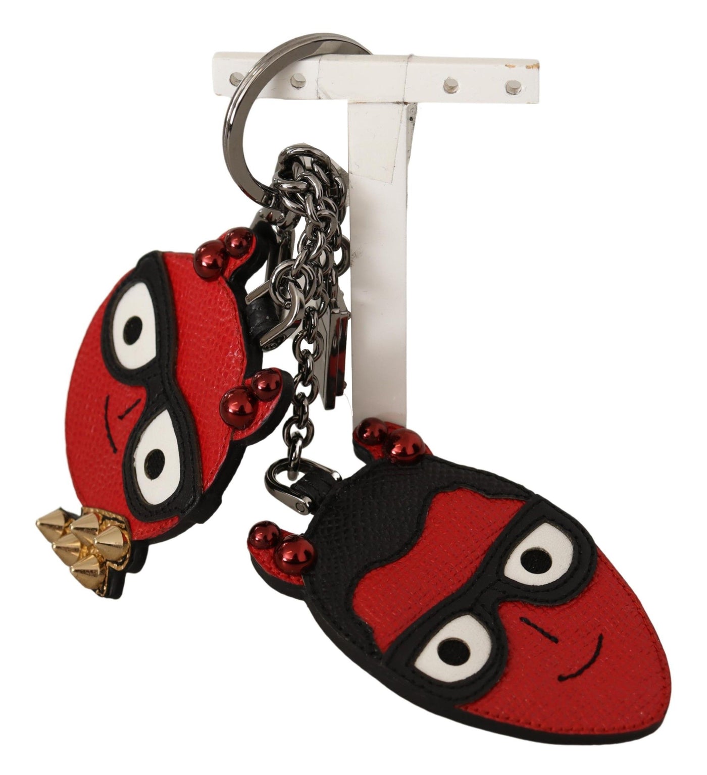 Red Leather Silver Tone Devil Studded Keychain