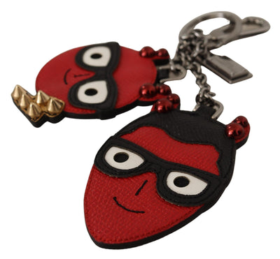 Red Leather Silver Tone Devil Studded Keychain