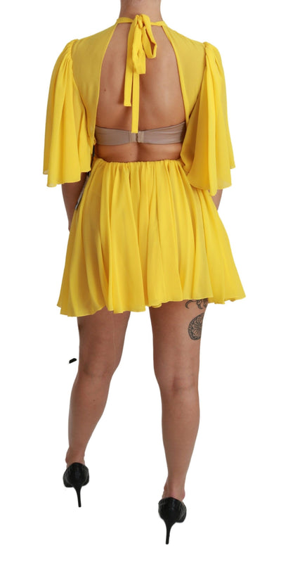 Yellow Pleated A-line Mini 100% Silk Dress