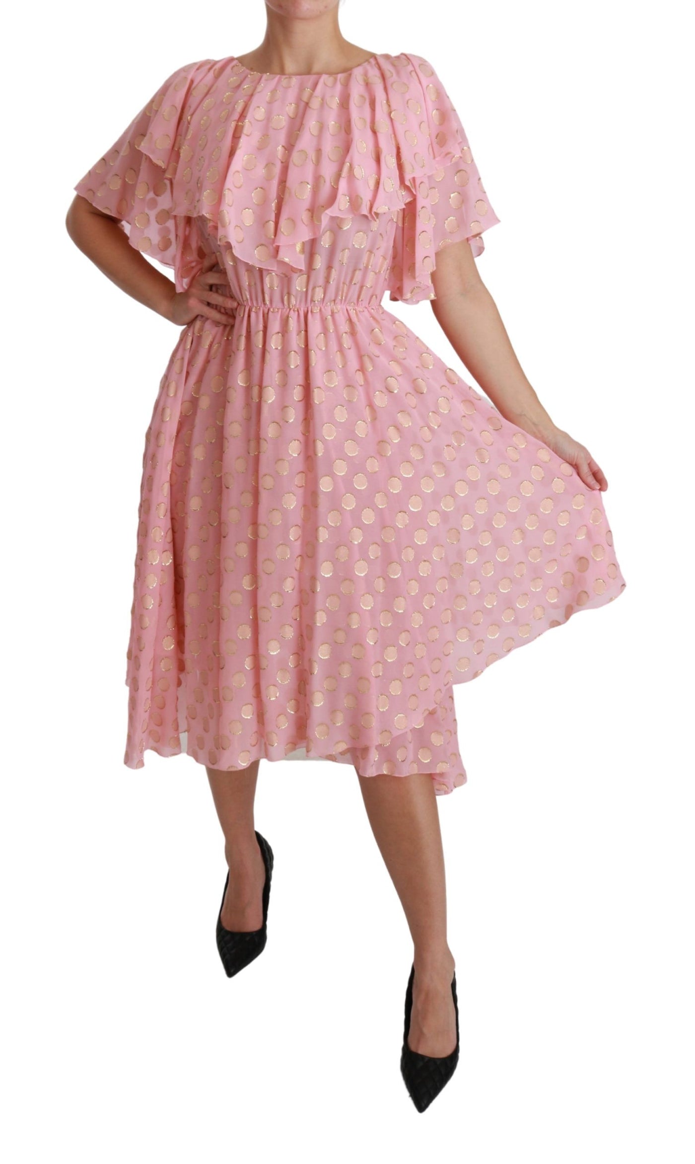 Silk Pink Polka Dots Pleated A-line Midi Dress