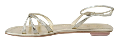 Metallic Silver Leather Sandals Ankle Strap Flats Shoes