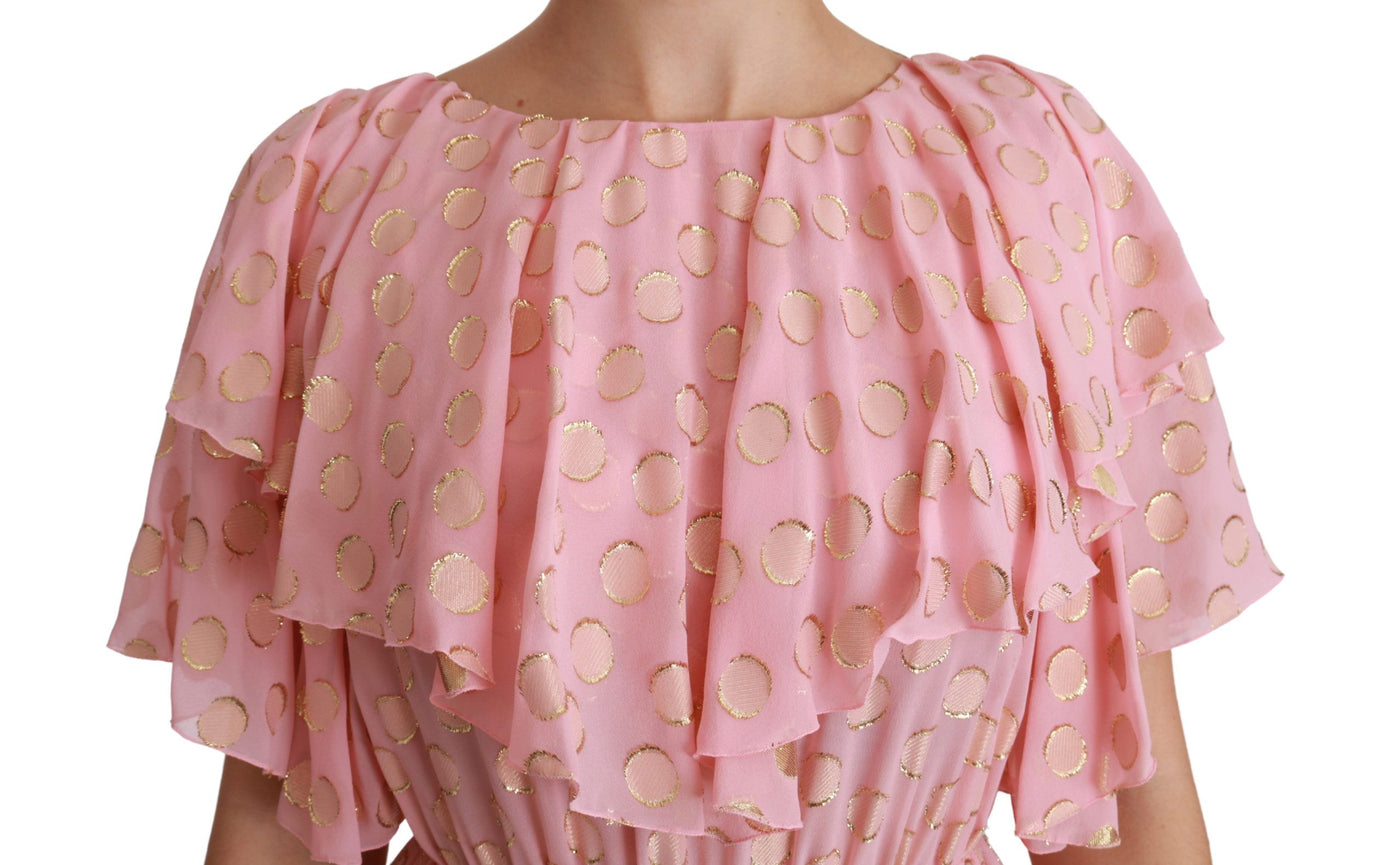 Silk Pink Polka Dots Pleated A-line Midi Dress