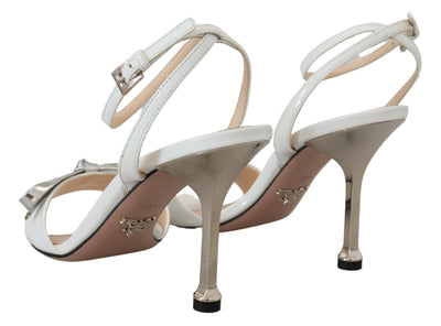 Silver White Leather Sandals Ankle Strap Heels Shoes