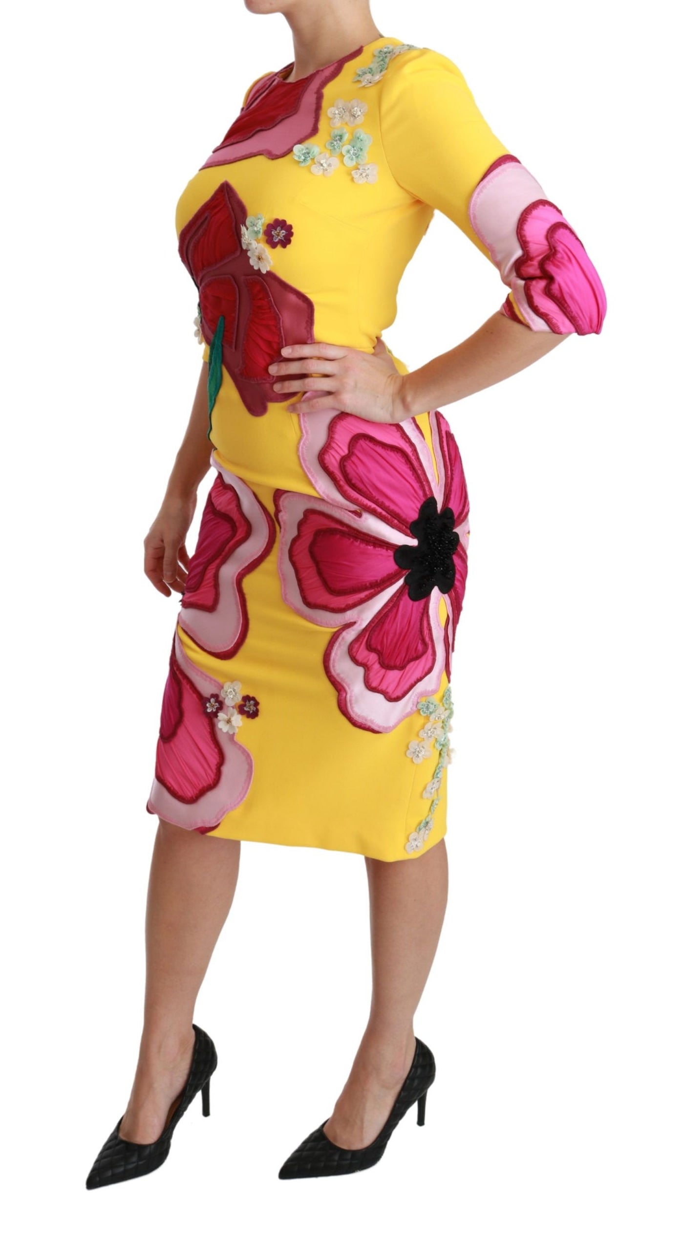 Yellow Floral Crystal Bodycon Sheath Dress