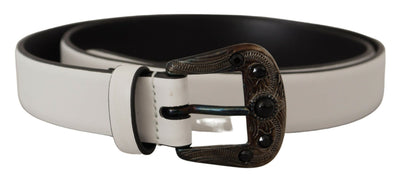 White Leather Crystal Metal Buckle Belt