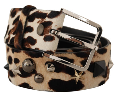 Brown Leopard Print Studded Leather Metal Buckle Belt