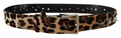 Brown Leopard Print Studded Leather Metal Buckle Belt