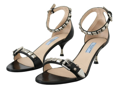 Black Leather Sandals Ankle Strap Heels Studded Shoes