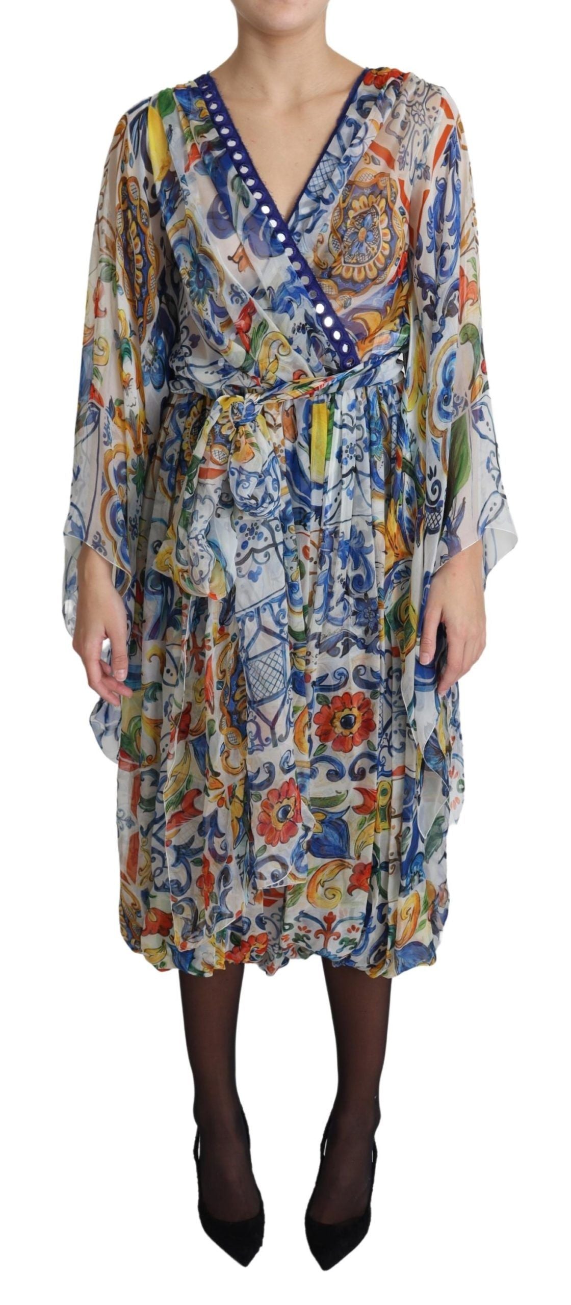 White Majolica Wrap Style Midi Silk Dress