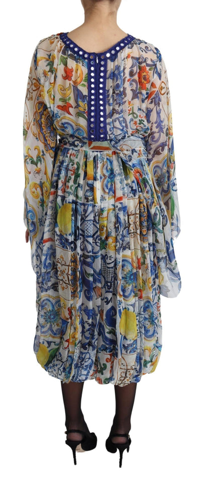 White Majolica Wrap Style Midi Silk Dress