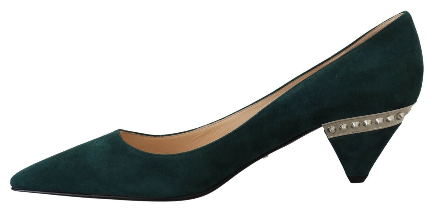 Green Suede Leather Cone Heels Pumps Shoes