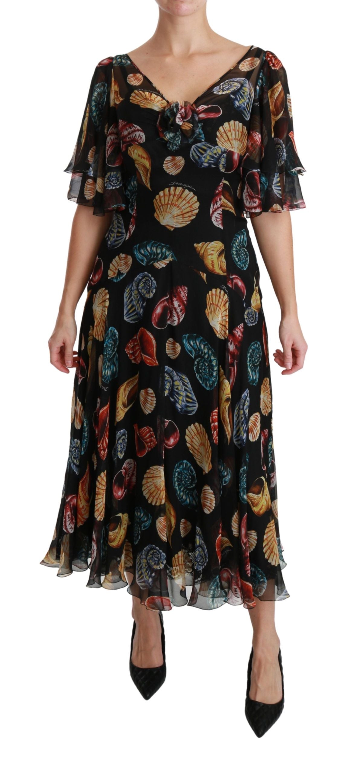 Black Sea Shells Maxi A-line Midi Silk Dress