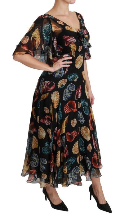 Black Sea Shells Maxi A-line Midi Silk Dress