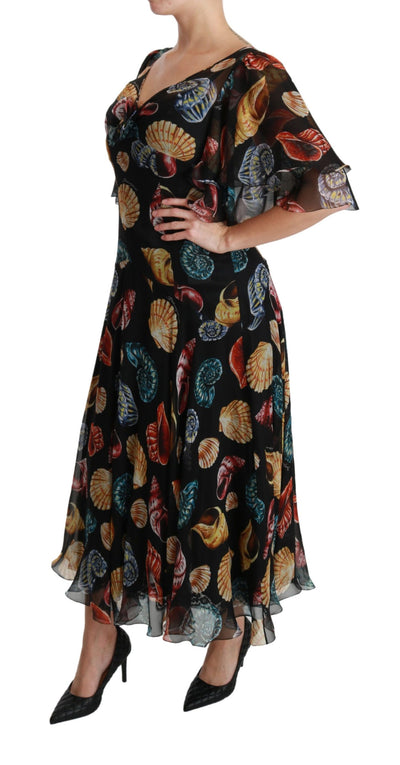 Black Sea Shells Maxi A-line Midi Silk Dress