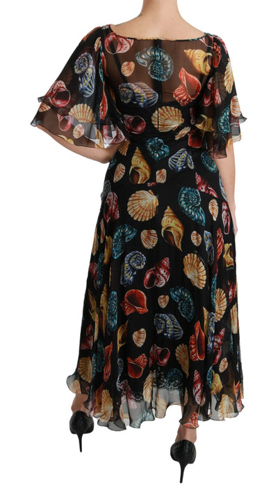 Black Sea Shells Maxi A-line Midi Silk Dress