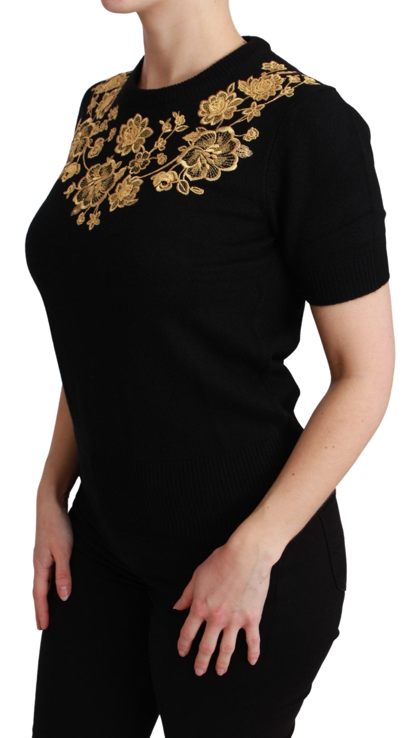 Black Cashmere Gold Floral Sweater Top