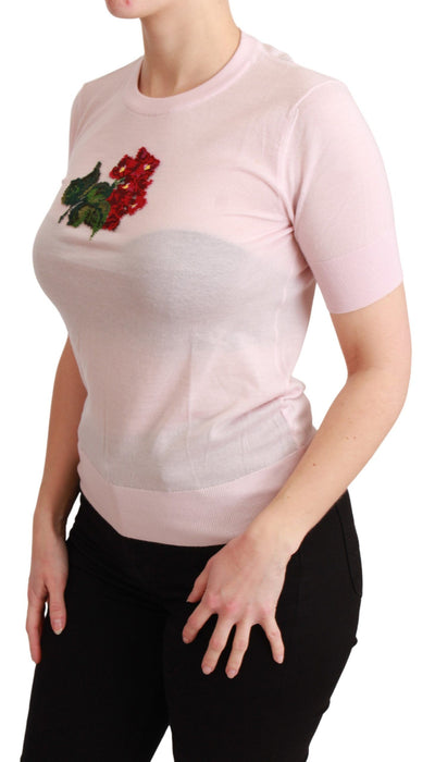 Pink Floral Embroidered Blouse Cashmere Top