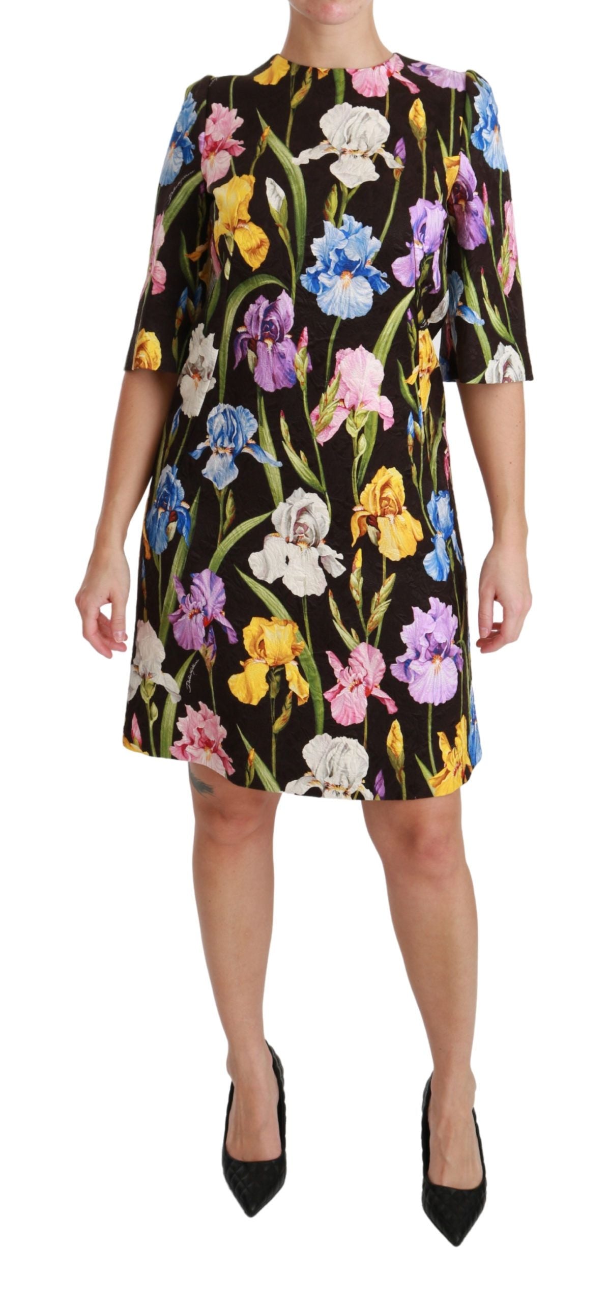 Black Cotton Silk Floral Shift Dress