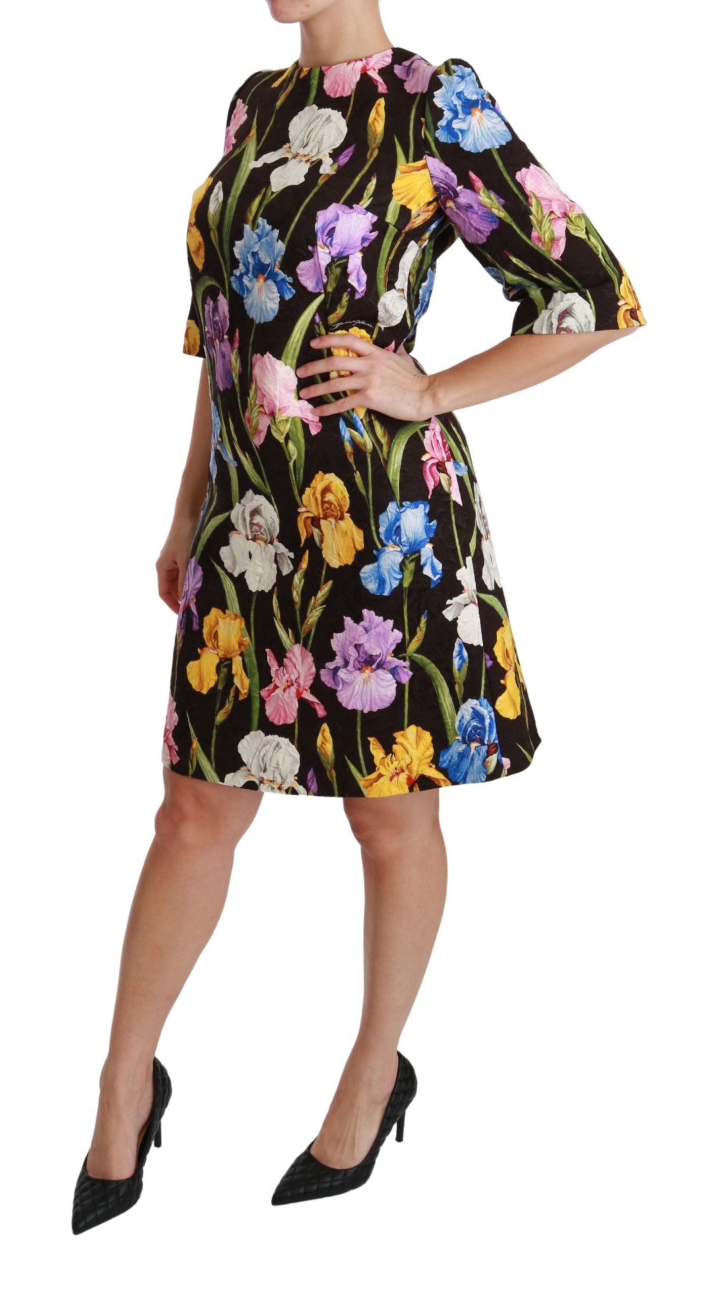 Black Cotton Silk Floral Shift Dress