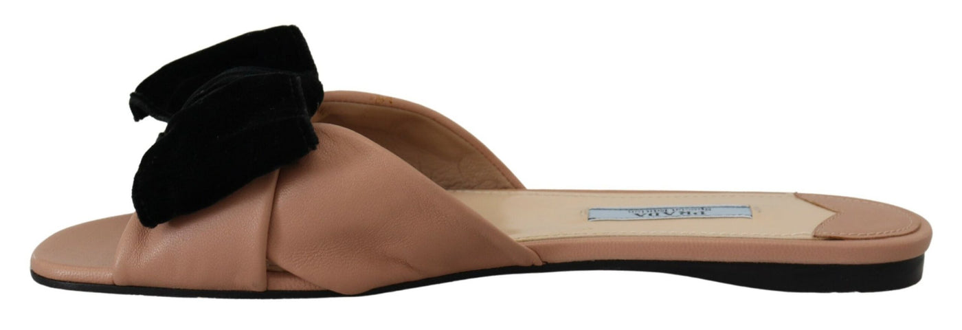 Beige Black Leather Sandals Slip On Flats Shoes