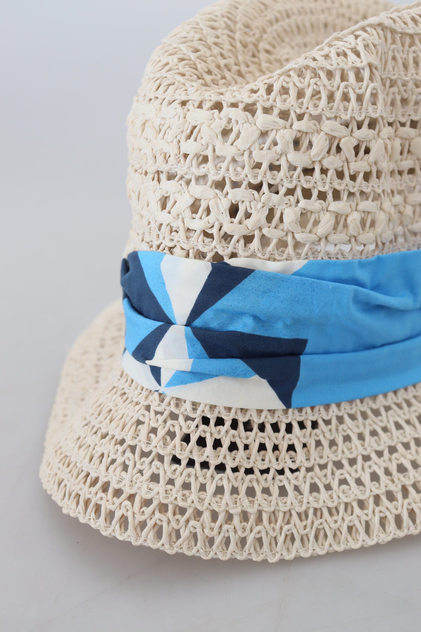 Beige Straw Crochet Blue Cotton Bow Hat