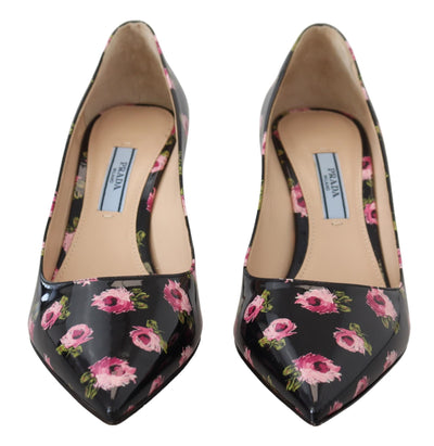 Black Leather Floral Heels Stilettos Pumps