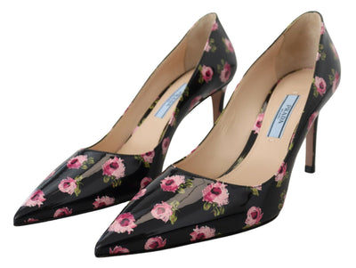 Black Leather Floral Heels Stilettos Pumps