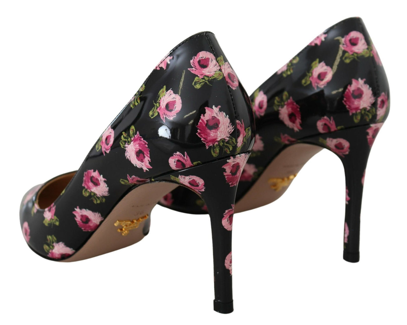 Black Leather Floral Heels Stilettos Pumps