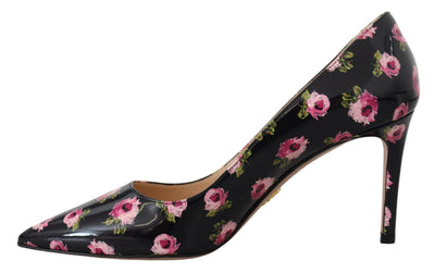 Black Leather Floral Heels Stilettos Pumps