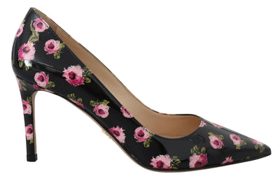 Black Leather Floral Heels Stilettos Pumps