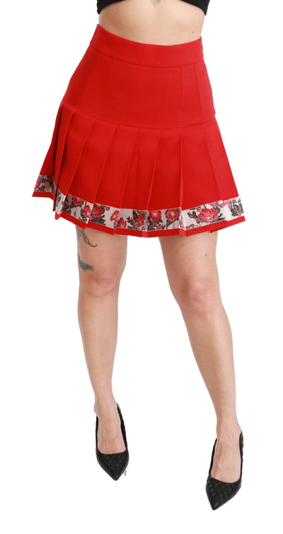 Red Wool High Waist Pleated Floral Skirt