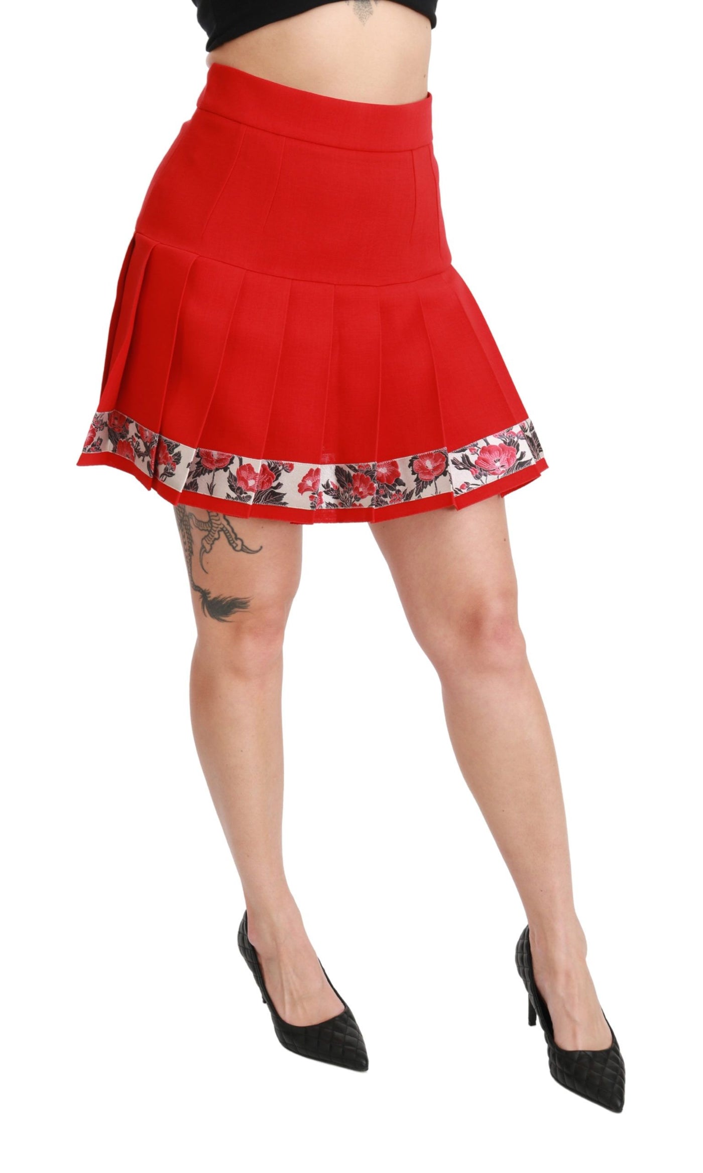 Red Wool High Waist Pleated Floral Skirt