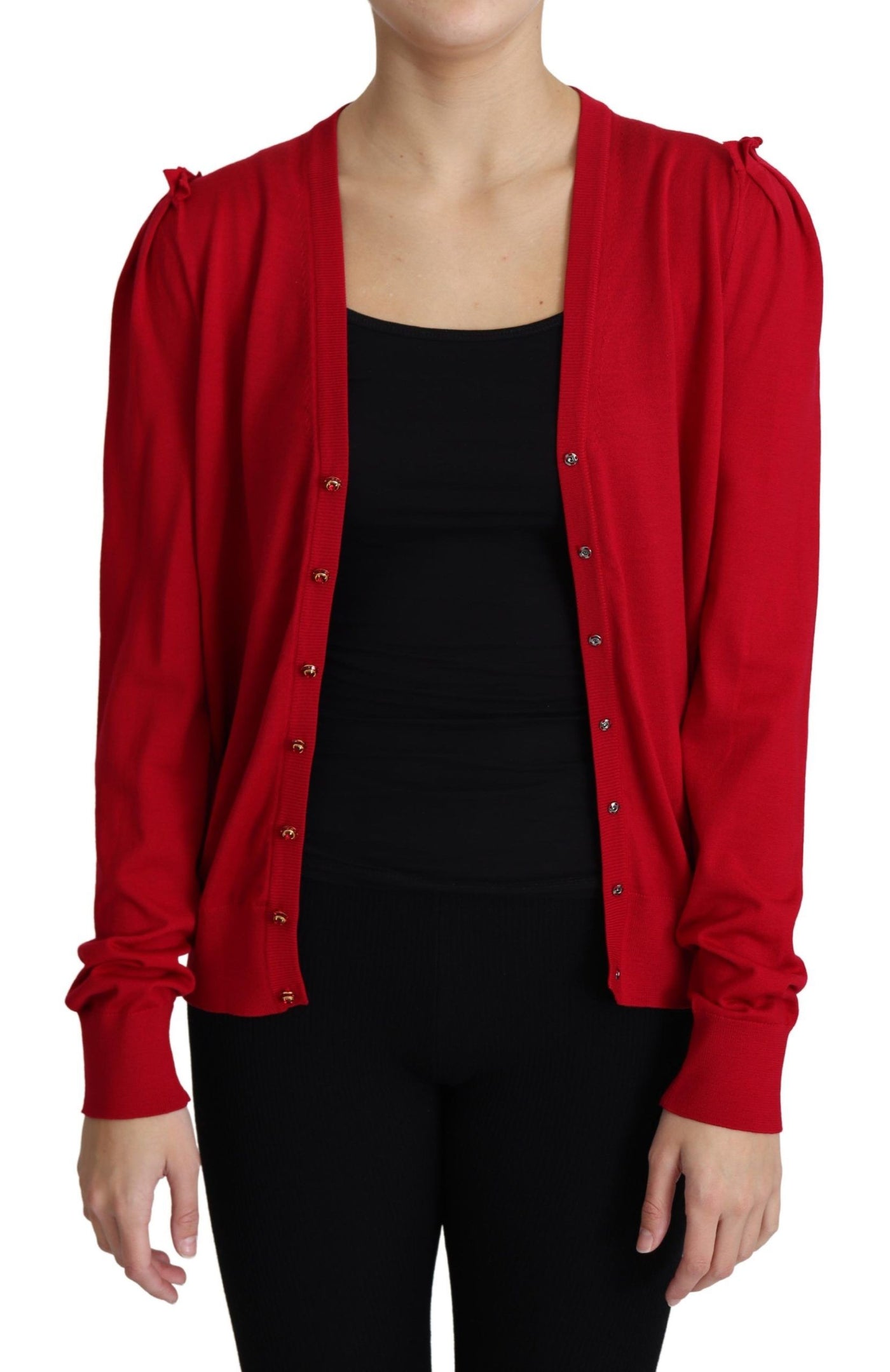 Red Wool Deep V-neck Women Cardigan Sweater