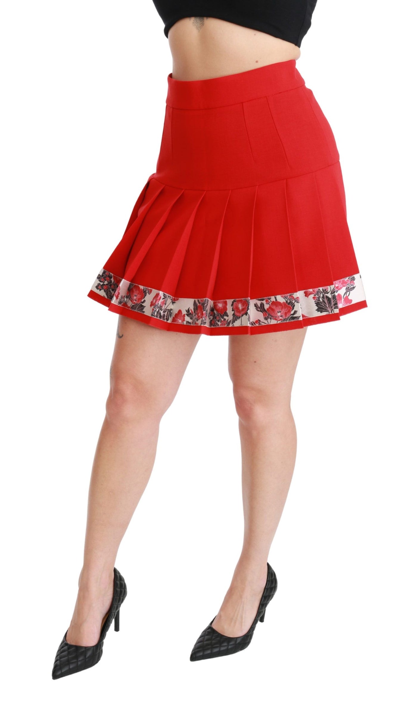 Red Wool High Waist Pleated Floral Skirt